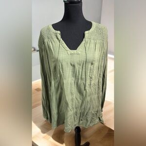 XXL long sleeve bohemian shirt with subtle plaid pattern. Sage green color.